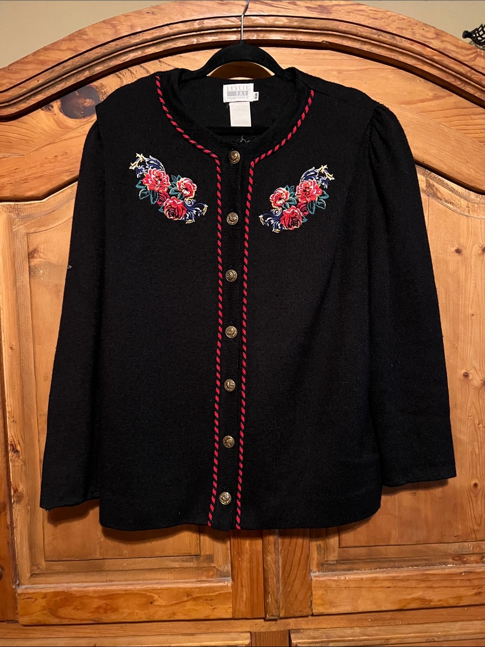 VINTAGE Leslie Fay Black Cardigan with Red Trim & Floral Embroidery